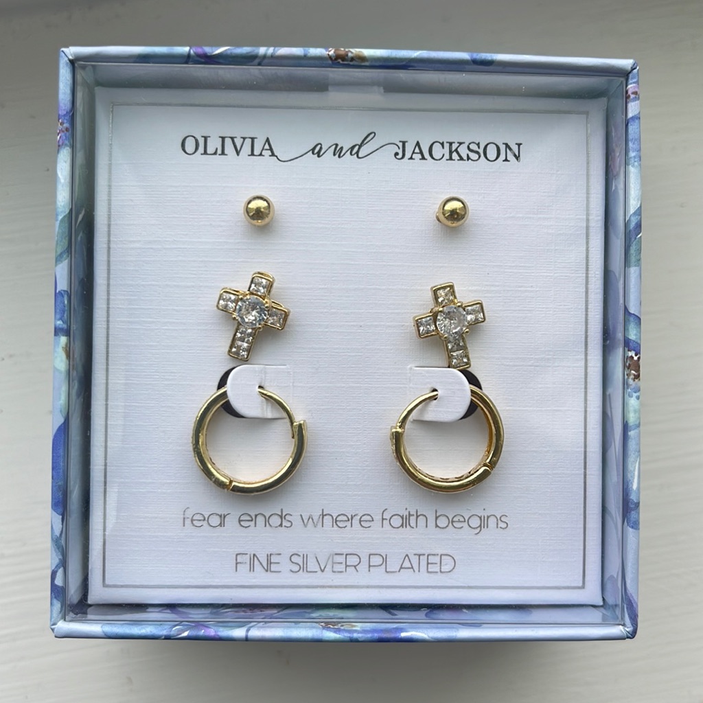 New Olivia And Jackson Silver Plated Gold Earring Set Cross Hoop Studs